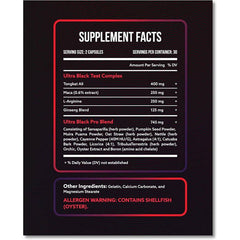 Bottle of Ultra Black Ultimate Testosterone Max Strength Booster with Fenugreek Extract and Tribulus Terrestris.