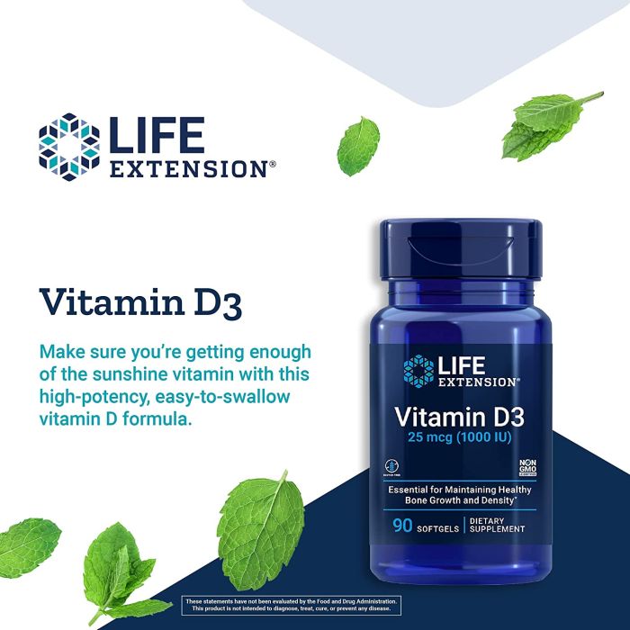 Life Extension Vitamin D3 25 mcg 1000 IU Softgels Bone Growth Support