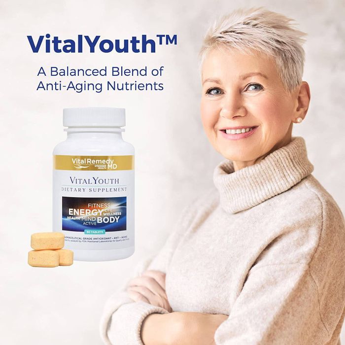 Vital Remedy MD Vital Youth Energy Booster label – 60 tablets with Vitamin C, Magnesium, and adaptogens for natural energy.