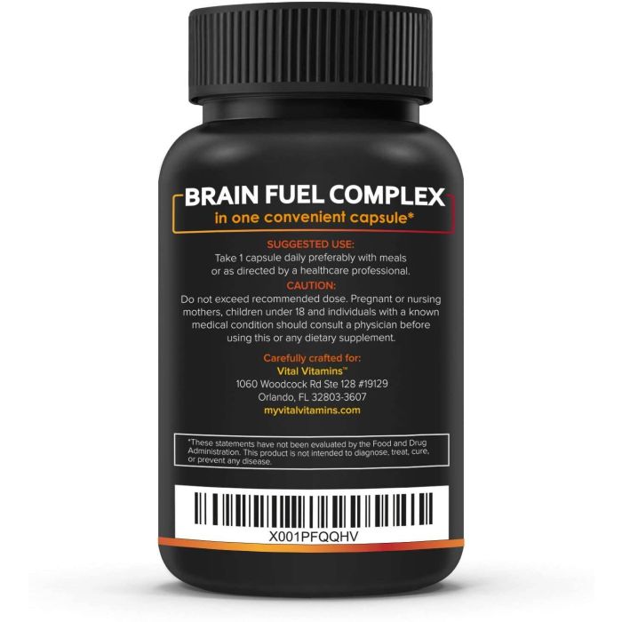 Supplement Facts panel showing Bacopa, Ginkgo, Rhodiola, DMAE, B12 ingredients