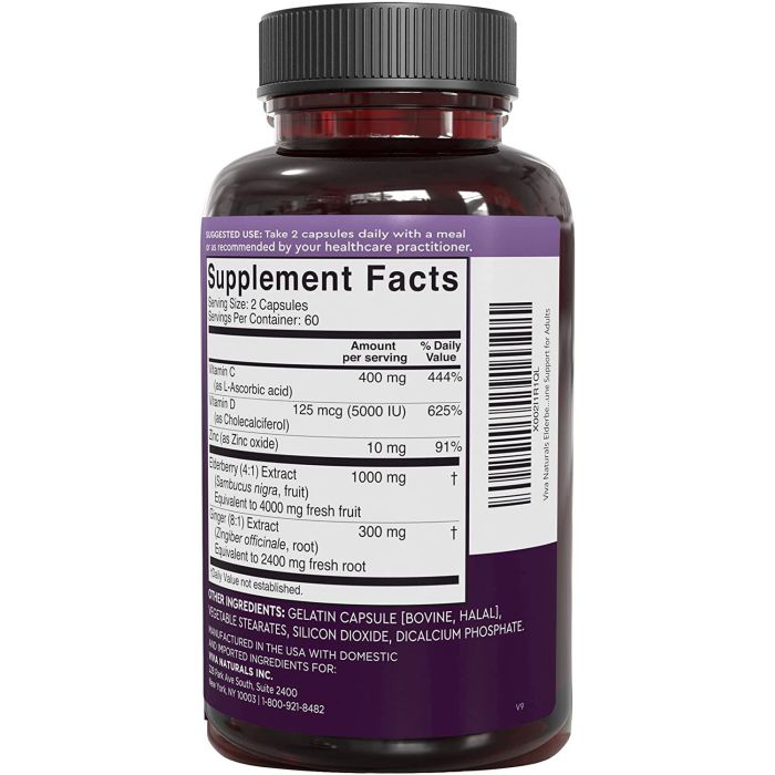 "Supplement facts panel for Viva Naturals immune support showing elderberry, ginger, and vitamin D3"