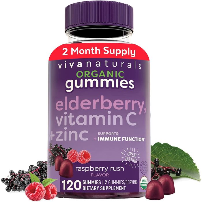 Elderberry gummy bottle open with gummies displayed – family-friendly immune booster