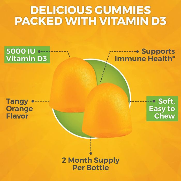 Close-up of gluten-free, non-GMO Vitamin D3 gummies