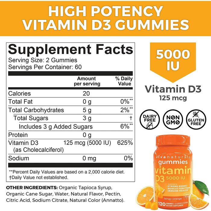 Front label of Viva Naturals Vitamin D3 immune support supplement