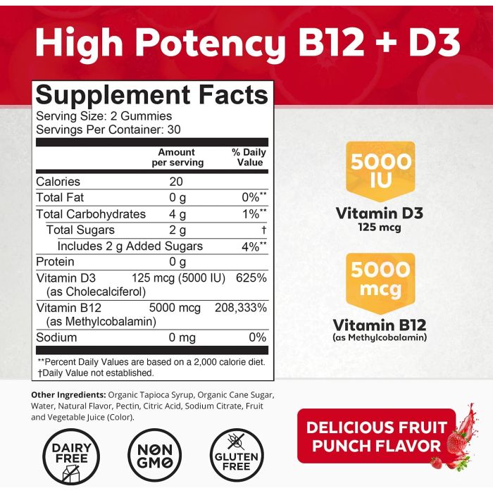 Vegan-friendly D3 B12 gummies for bone, immune, and nervous system health