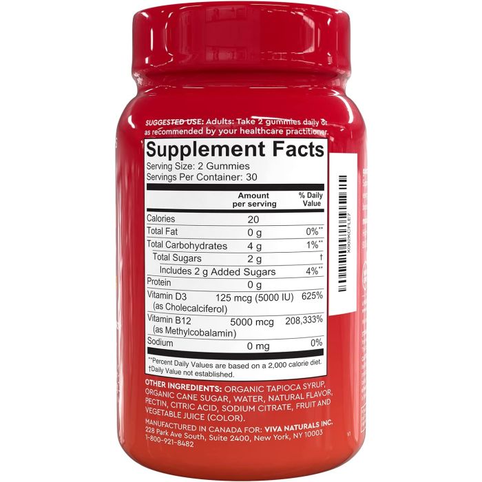 Close-up of strawberry-flavored vegan gummies with Vitamin D3 and B12