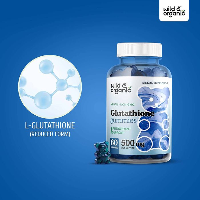 Wild Organic Glutathione 60 gummies – antioxidant-rich formula with vitamin C and E for healthy skin.