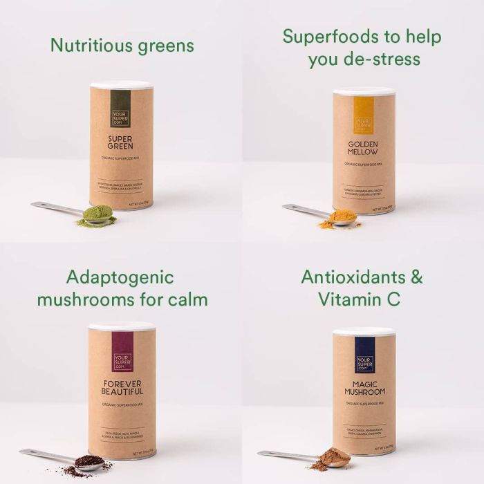 Top-down view of 4 Your Super mix packets – immunity support superfoods