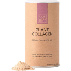 Beauty support powder next to fresh fruits and greens