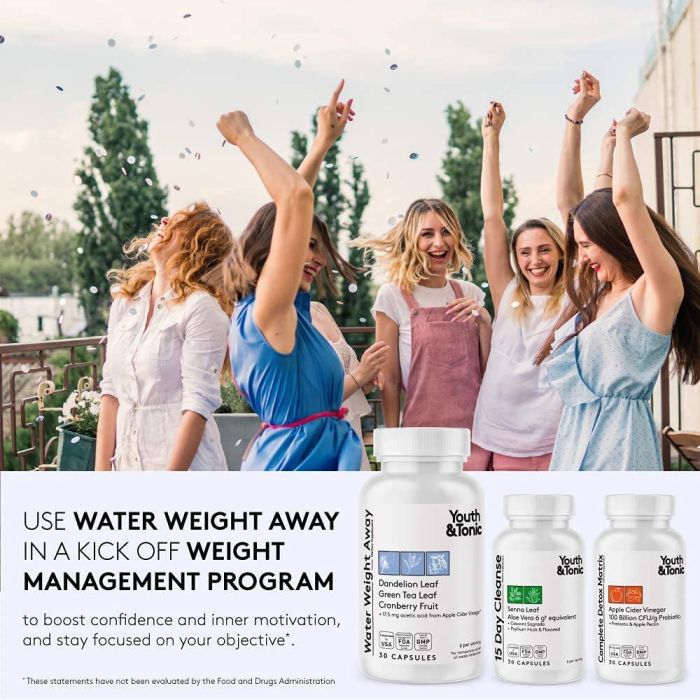 "Capsules of Water Weight Away laid out beside product bottle"