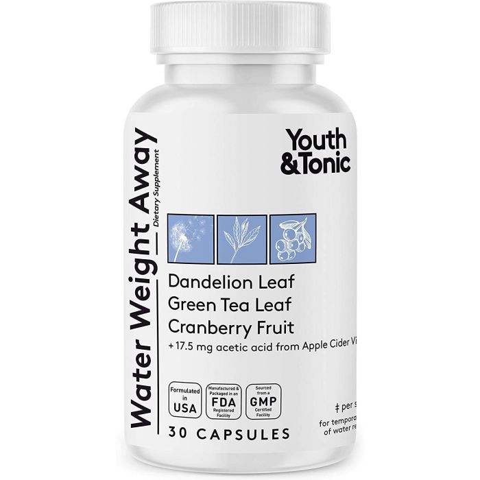 "Youth Tonic Water Weight Away bottle with dandelion root and green tea, 60 capsules"