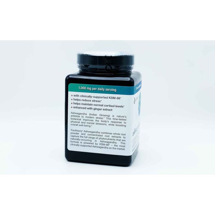 Supplement Facts label showing 1000 mg ashwagandha and ginger blend