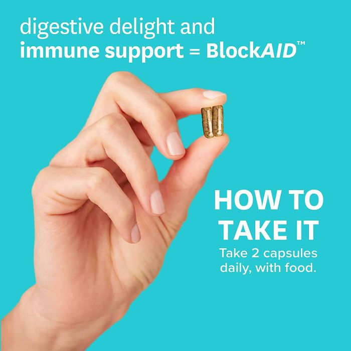 Zenwise Block Aid capsule bottle with key ingredients like L-Glutamine, Zinc, and Vitamin C
