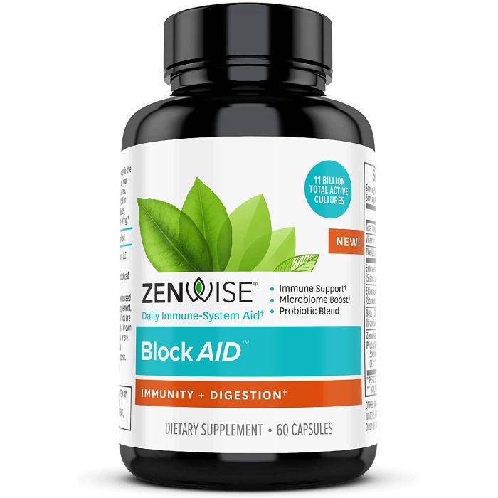 Zenwise Block Aid Immunity and Digestion Support supplement bottle, 60 vegetarian capsules