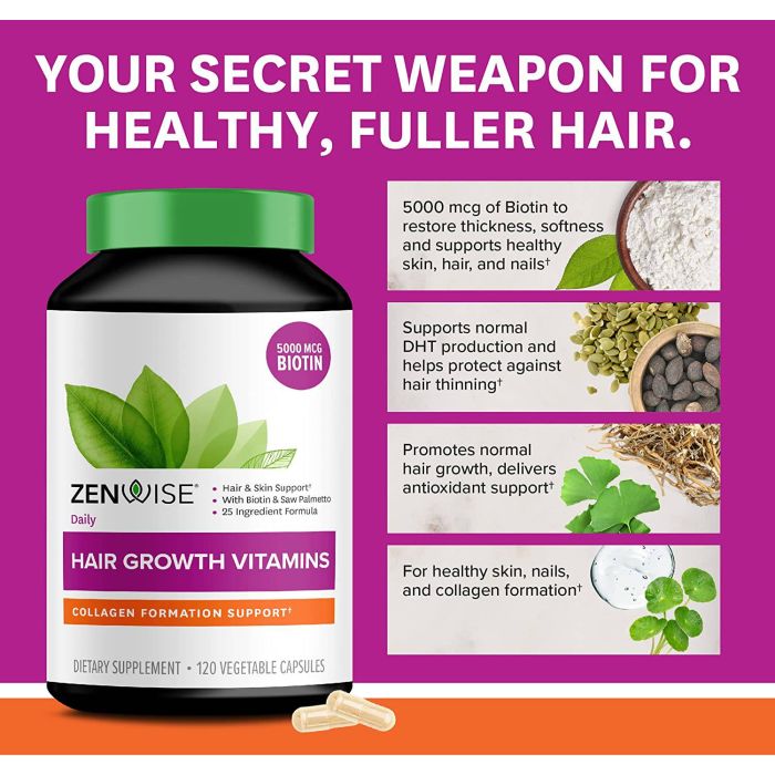 Zenwise Daily Hair Growth Vitamins bottle for collagen and hair support, 120 capsules
