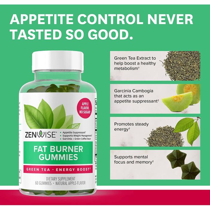 "Zenwise Fat Burner Gummies bottle – apple flavor, 60 vegan gummies with green tea extract"